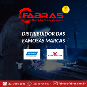 Um homem está trabalhando na oficina. O fundo da imagem está transparente, com tom preto. No centro da imgem tem a mensagem: Distribuidor das famosas marcas. Logo abaixo da mensagem estão as logomarcas da Norton e da Carborundum.