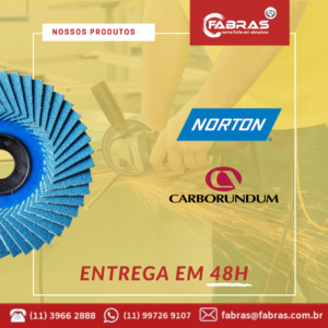 Imagem amarela com logomarcas da Fabras, Norton e Carborundum. Há ainda metade de um disco azul