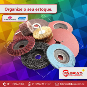 Abrasivos amontoados no centro da imagem com uma legenda no canto esquerdo superior: "Organize seu estoque".