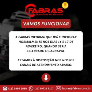 Comunicado com fundo preto e branco. Uma legenda diz: "Vamos funcionar". A logomarca da Fabras está centralizada no topo da imagem.